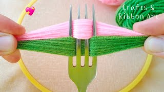 It's so Cute !! Superb Woolen Flower Making Trick Using Fork - Hand Embroidery Amazing Flower