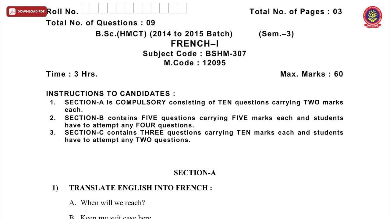 BSC 3RD SEM HMCT FRENCH 1ST NOV 2019 | PTU