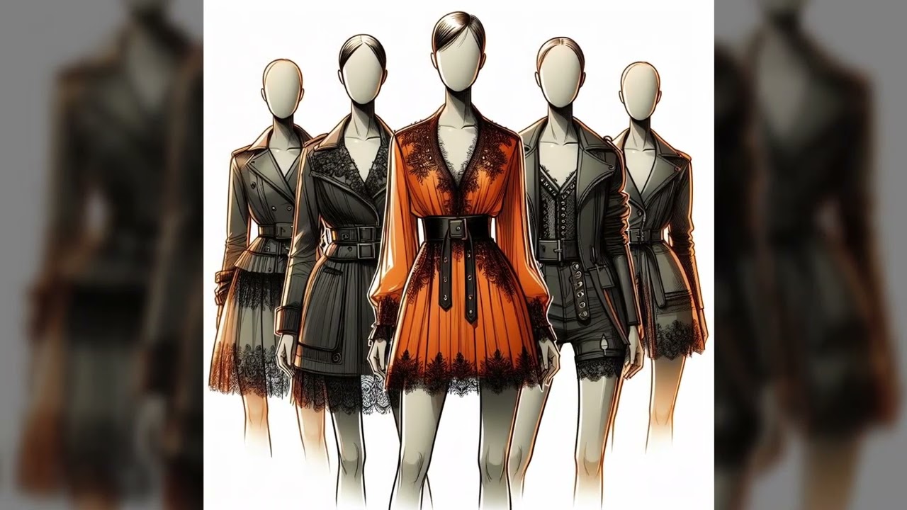Fashion sketch orange dresses and suits - relaxing fashion inspiration and design, sketchbook