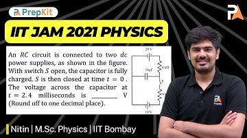 IIT JAM 2021 Question | An RC circuit is connected to two dc power supplies, as shown in the figure