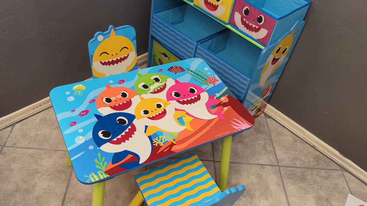 Unboxing The Baby Shark 4-Piece Playroom Solution Table 2 Chairs and 6 Bin  Toy Organizer 