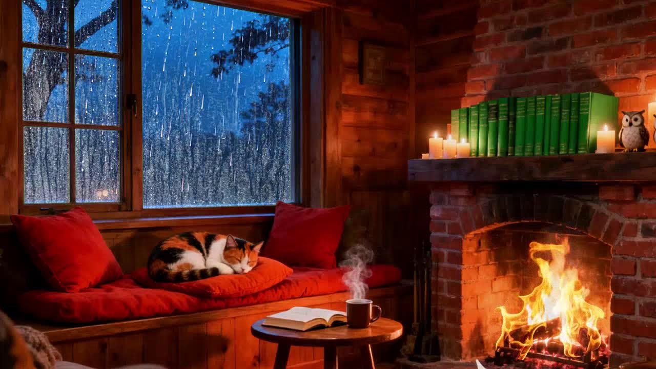 Warm Cozy Cabin Ambience | Crackling Fireplace & Rain for Deep Relaxation