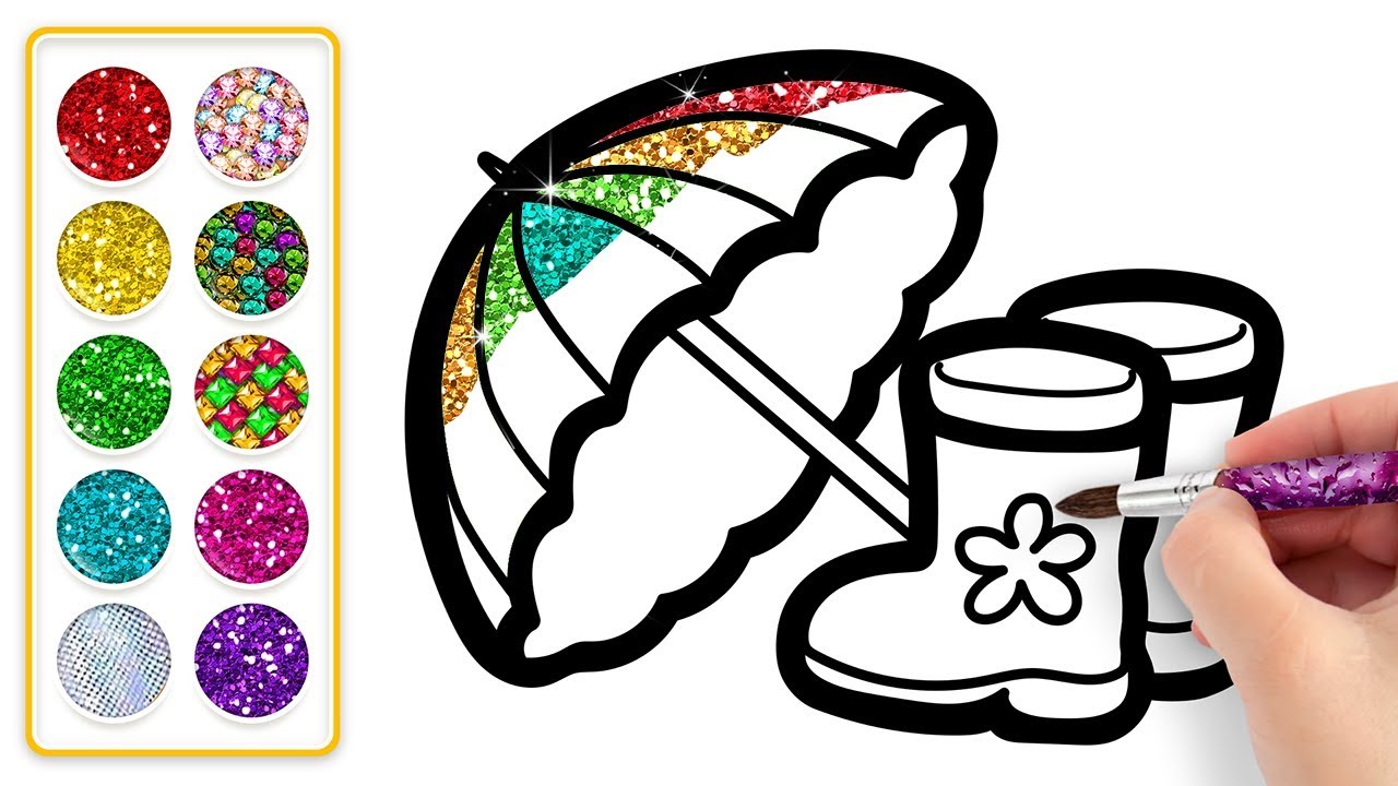 How to Draw a Glitter Umbrella & Rainboots for Kids ☔️💖👢🌈 Coloring Book Pages l TV Coloring