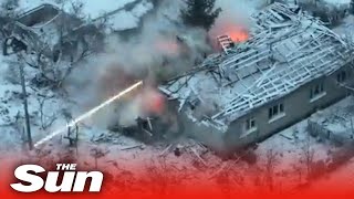 Ukrainian ordnance pummels Russians hiding in a destroyed house on the frontlines