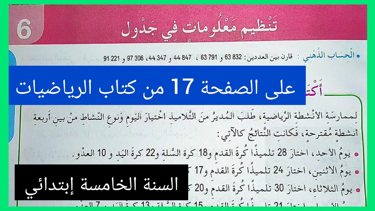 تنظيم معلومات في جدول على الصفحة 17 من كتاب الرياضيات للسنة الخامسة إبتدائي