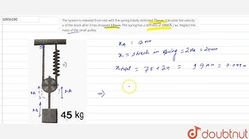 The system is released from rest with the spring initally stretched `75 mm`. Calculate the veloc...
