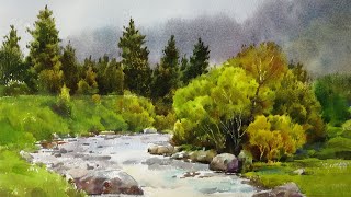 Watercolor landscape painting - Little Stream in the Forest