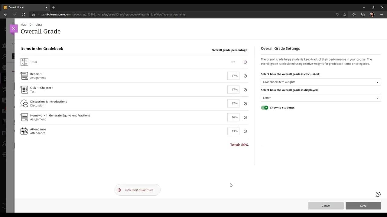 Blackboard Ultra Gradebook Setup Overall Grade YouTube