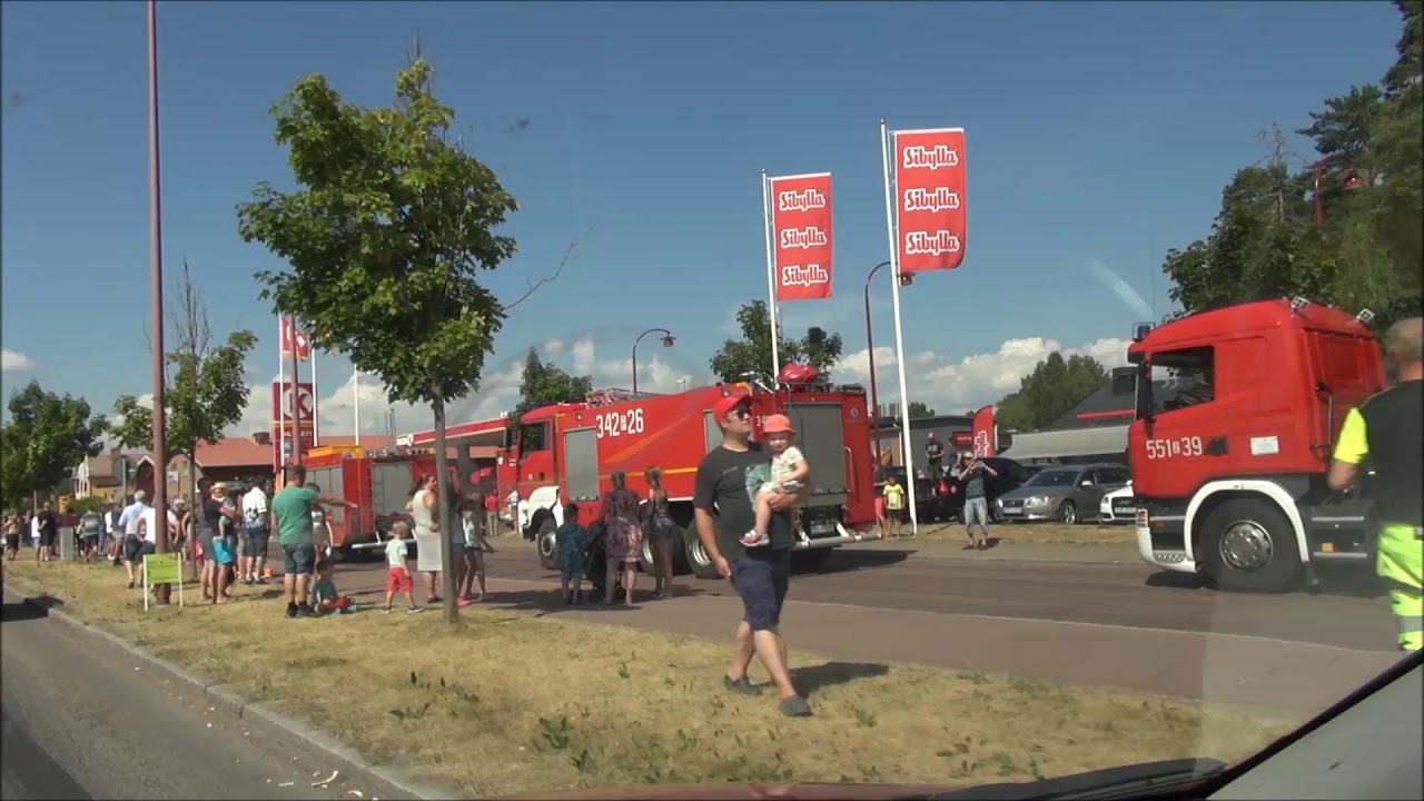 Polish fire brigade convoy in Sweden. July 22, 2018. Full HD 50p