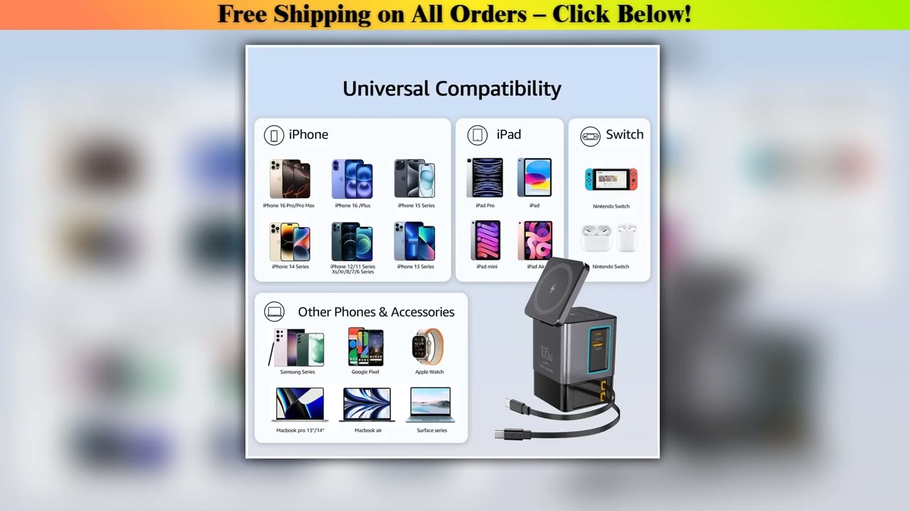 GaN 6 in 1 105W Magnetic Wireless Charger Stand 15W Fast Wireless Charging Desktop Dock Station