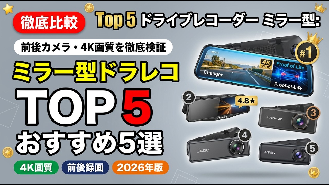 ミラー型ドライブレコーダー おすすめ5選 2026 前後録画・4K対応を比較