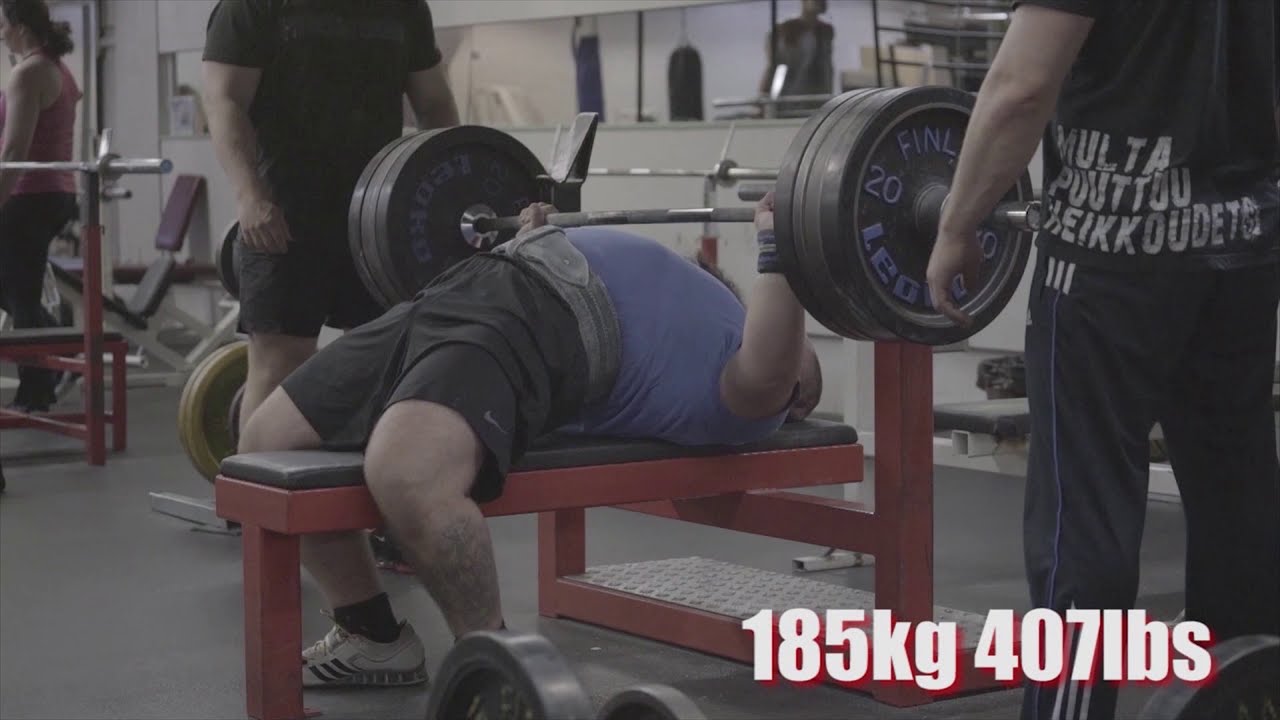 185kg 407lbs x 6 Bench Press Raw PR - YouTube