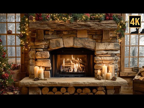 Cozy Christmas Ambience ❄️ Relaxing Music on a Snowy Day with Burning Cozy Fireplace