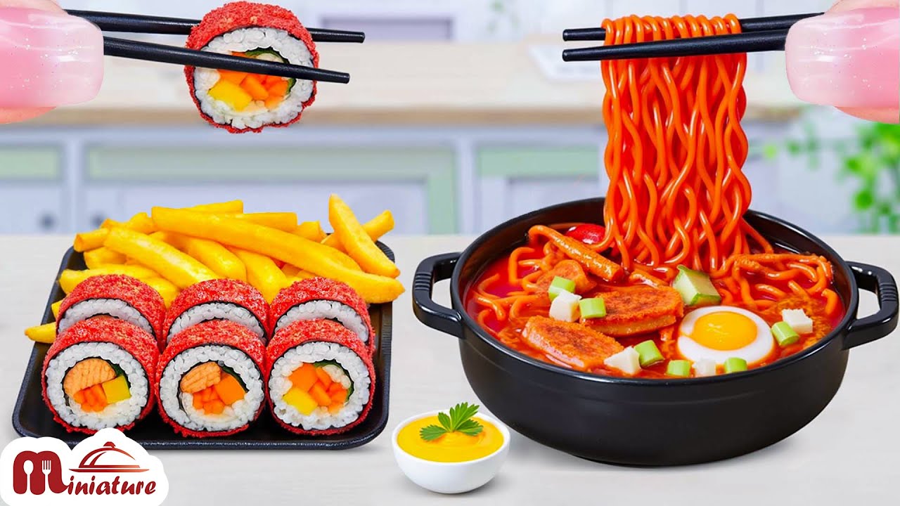 😋 Amazing Mini Fried Chicken Thigh With Korean Spicy Noodles Recipe | ASMR Cooking Mini Food