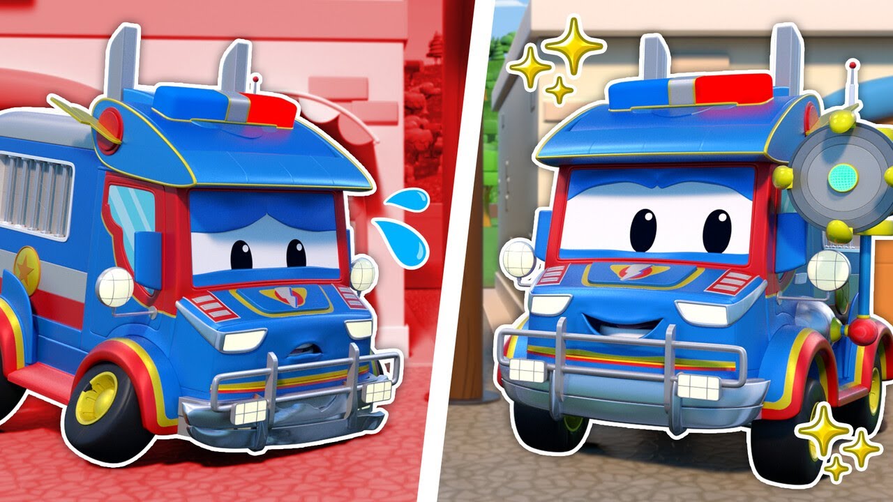 Ah não! SUPER CARRO DE POLÍCIA ferido em ATAQUE DE ANIMAL GIGANTE|Veículo de Emergência para Criança