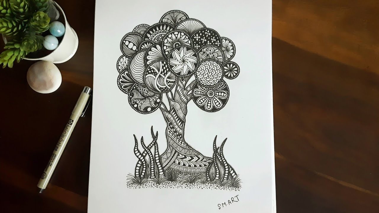 Zentangle drawing || Easy to draw tree zentangle || Zen Mandala drawing ...