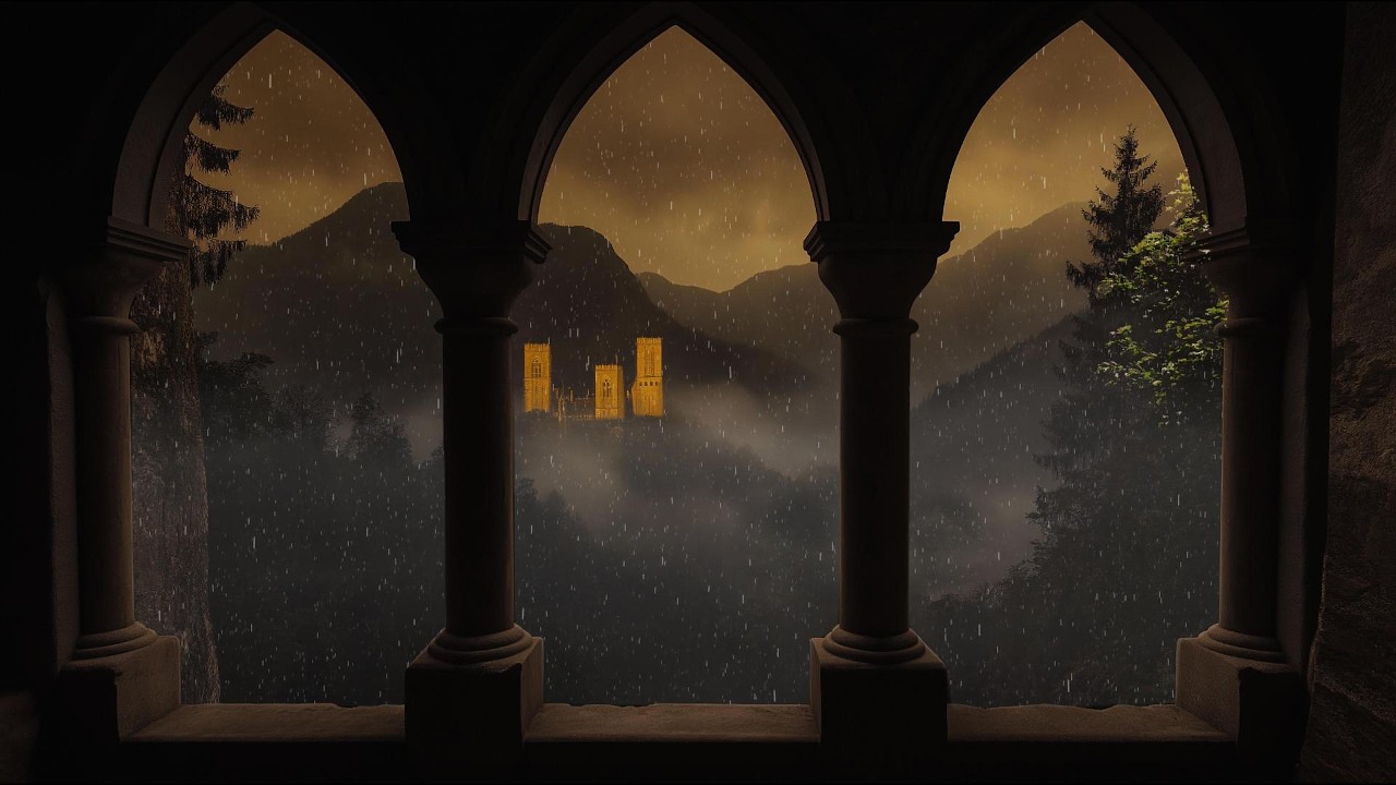 4K Rainy Medieval Castle Window View - Cozy Thunderstorm Sounds - Ambience for Reading Sleep Relax