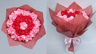DIY | Cara Membuat Buket Bunga Mawar Dari Pita Satin Yang Mudah | Wrapping Buket Bunga Bulat