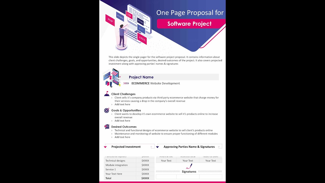 One Page Proposal For Software Project Presentation Report Infographic Ppt Pdf Document