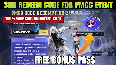 FINALLY 😍3rd CODE FOR PMGC CODE REDEMPTION EVENT IN PUBG MOBILE|GET FREE A16 BONUS PASS UPGRADE CARD
