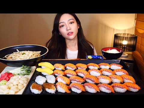 초밥 30개!🍣(생연어 간장새우 생새우 계란초밥) 얼큰우동까지 먹방✨/Mukbang Eating Show