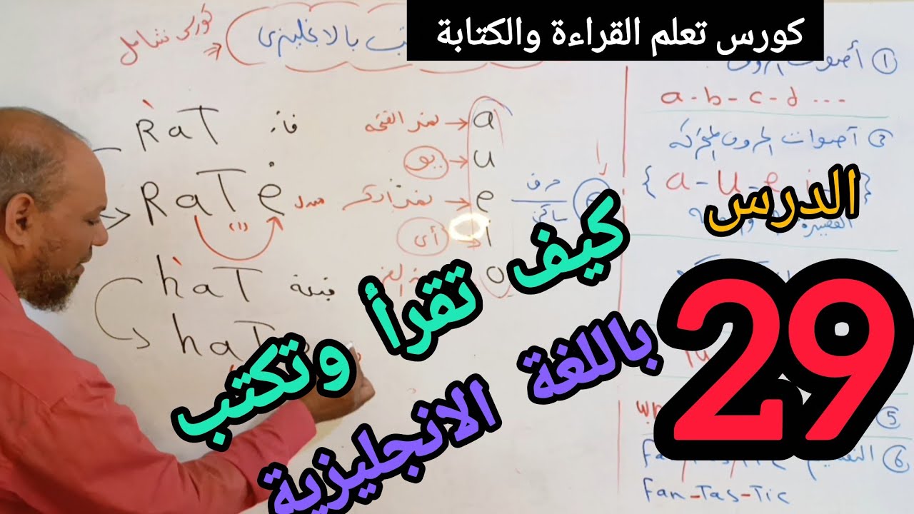 تدريب علي قراءه الاصوات القصيرة والطويلة للحروف المتحركه(a- e- u- i- o) باللغه الانجليزيه