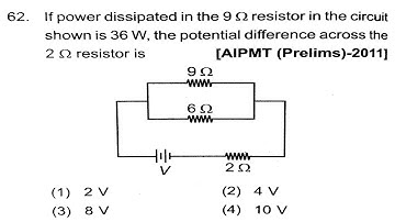 If power dissipated in the 9 ohm resistor in the circuit shown is 36 W, the potential #neet2011