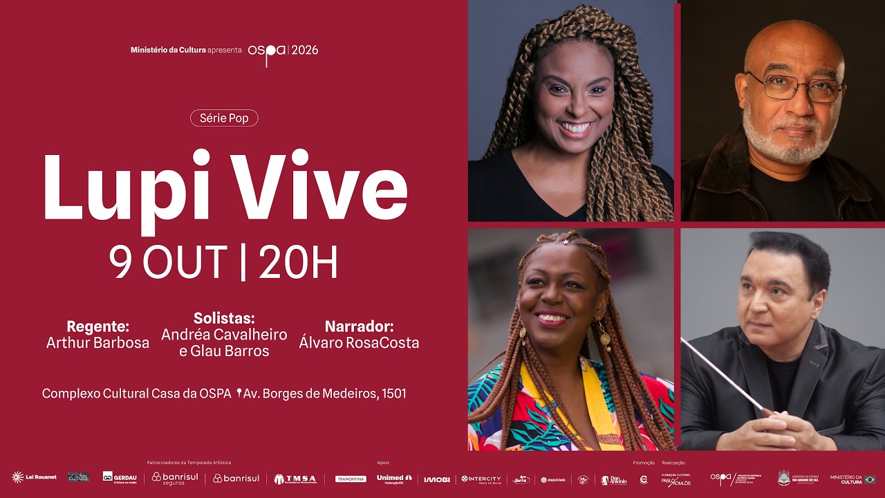A Orquestra Sinf&ocirc;nica de Porto Alegre celebra o legado de Lupic&iacute;nio Rodrigues e recria a atmosfera da Era de Ouro do R&aacute;dio no espet&aacute;culo &ldquo;Lupi Vive&rdquo;. Com reg&ecirc;ncia de Arthur Barbosa, o concerto re&uacute;ne o ator &Aacute;lvaro RosaCosta, que interpreta o compositor, e as cantoras Andr&eacute;a Cavalheiro e Glau Barros, que revisitam cl&aacute;ssicos como &ldquo;Nervos de a&ccedil;o&rdquo;, &ldquo;Se acaso voc&ecirc; chegasse&rdquo;, &ldquo;Vingan&ccedil;a&rdquo; e &ldquo;Esses mo&ccedil;os&rdquo;.


AVISO: Em cumprimento &agrave; Lei Eleitoral (Lei n&ordf; 9504/1997), o hist&oacute;rico de v&iacute;deos deste canal ficar&aacute; temporariamente arquivado.

Saiba mais sobre o concerto:
https://ospa.rs.gov.br/concerto-da-ospa-celebra-o-legado-de-lupicinio-rodrigues


Confira a programa&ccedil;&atilde;o da Temporada OSPA 2026 em ospa.rs.gov.br/agenda


Programa:
H&aacute; um Deus*
Esses mo&ccedil;os**
Loucura***
Vingan&ccedil;a****
Volta**
Cevando o amargo*
Ela disse-me assim*****
Cadeira vazia**
Torre de Babel***
Eu e Meu Cora&ccedil;&atilde;o******
Dona Diverg&ecirc;ncia****
Nervos de a&ccedil;o******
Que Baixo!*****
Fuga******
Se acaso voc&ecirc; chegasse*

Bis: Felicidade***

Arranjos:
*Rodrigo Bustamante
**Pedro Figueiredo
***Arthur Barbosa
****Arthur de Faria
*****In&aacute;cio Saldanha
******Dhouglas Umabel


Apresenta&ccedil;&atilde;o: Orquestra Sinf&ocirc;nica de Porto Alegre
Solistas: Andr&eacute;a Cavalheiro e Glau Barros
Narrador e solista: &Aacute;lvaro RosaCosta
Regente: Arthur Barbosa