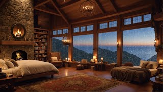 Relax your mind in this beautiful mountain library, rain sounds and fireplace #Rain #RainSounds