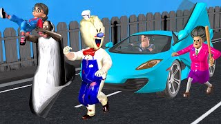 Scary Teacher 3D Miss T and Hello Neighbor with supercar Rescue Tani in hand Granny and Ice Scream 4