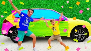 Super Senya And Dad Decorate The Car With Colorful Stickers