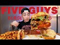 EATING FIVE GUYS Double Burger With 18 TOPPINGS + Hot Dog And CAJUN Fries Mukbang