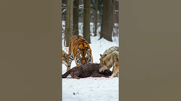 The King Of The Taiga Tiger Steals A Kill From A Hungry Wolf Pack Tiger Wolves Wildlife Nature 