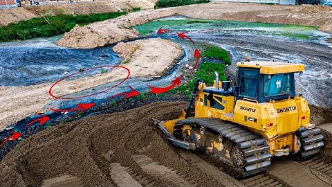 Most Skilled Operators SHANTUI Bulldozer Push SandReach Soil Dam - Dirt Overflow Out into Huge Lake