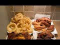 Fried Onion rings fish and chips fried chicken and jumbo sausage фиш анд чипс ֆիշ անդ չիփս տապակած