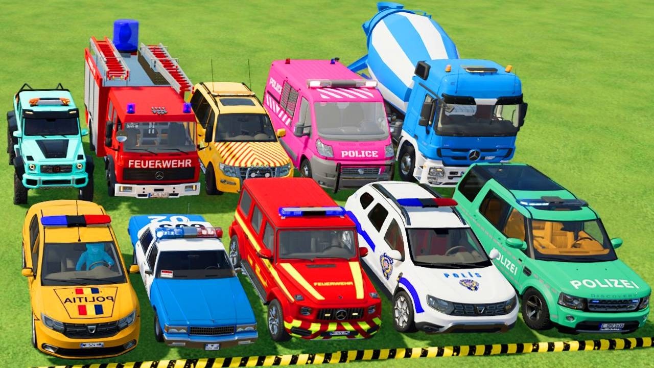 TRANSPORTING POLICE CARS, AMBULANCE, FIRE TRUCK, COLORFUL CARS WITH TRUCK -FARMING SIMULATOR 22!