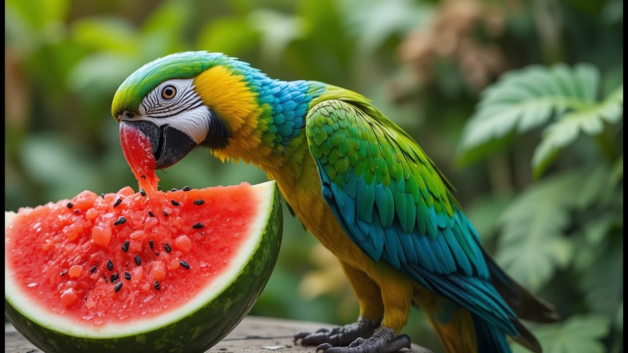 🦜 Colorful Parrot Eating Juicy Watermelon | Relaxing Tropical Nature Sounds for Calm & Focus