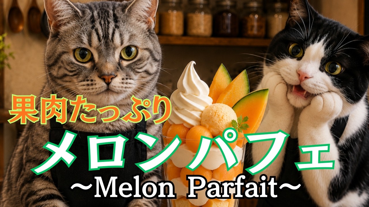 猫たちの小さなカフェ｜果肉たっぷりメロンパフェ | Cat Café – Melon