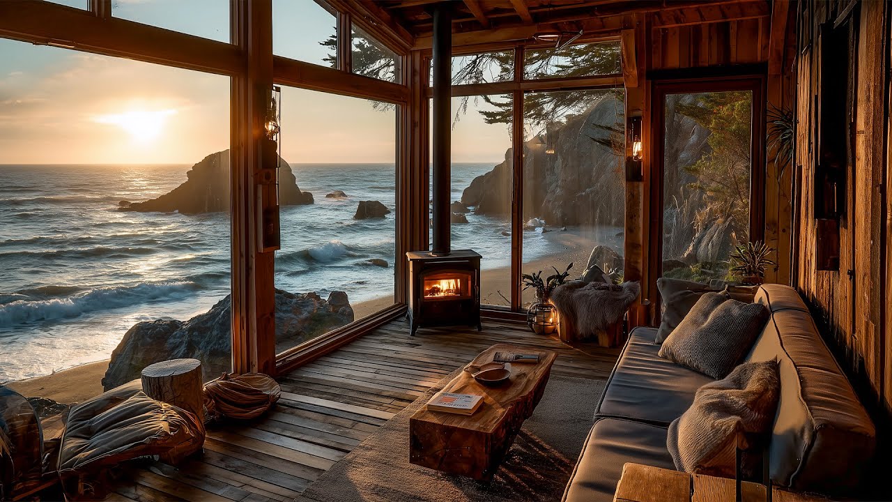 New England Cliffside Cabin at Sunset 🌅 | Ocean Waves & Crackling Fireplace for Deep Sleep & Focus