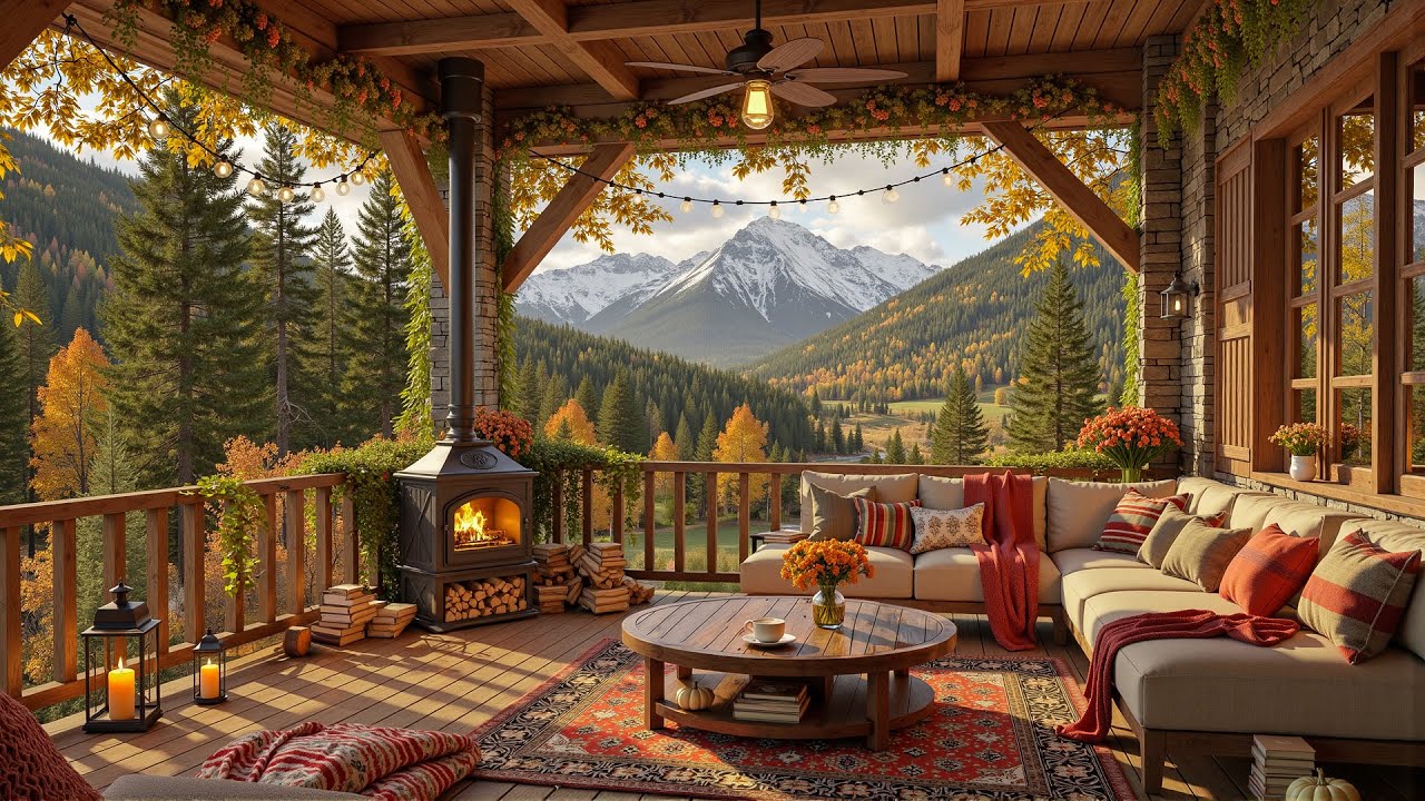 Spring Mountain Cabin Fireplace Jazz - Cozy Outdoor Terrace with Warm Ambience for Deep Relaxation