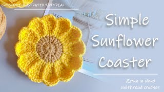 How to Crochet Simple Sunflower Coaster | Easy Detailed Tutorial by Funincloud @UnithreadCrochet