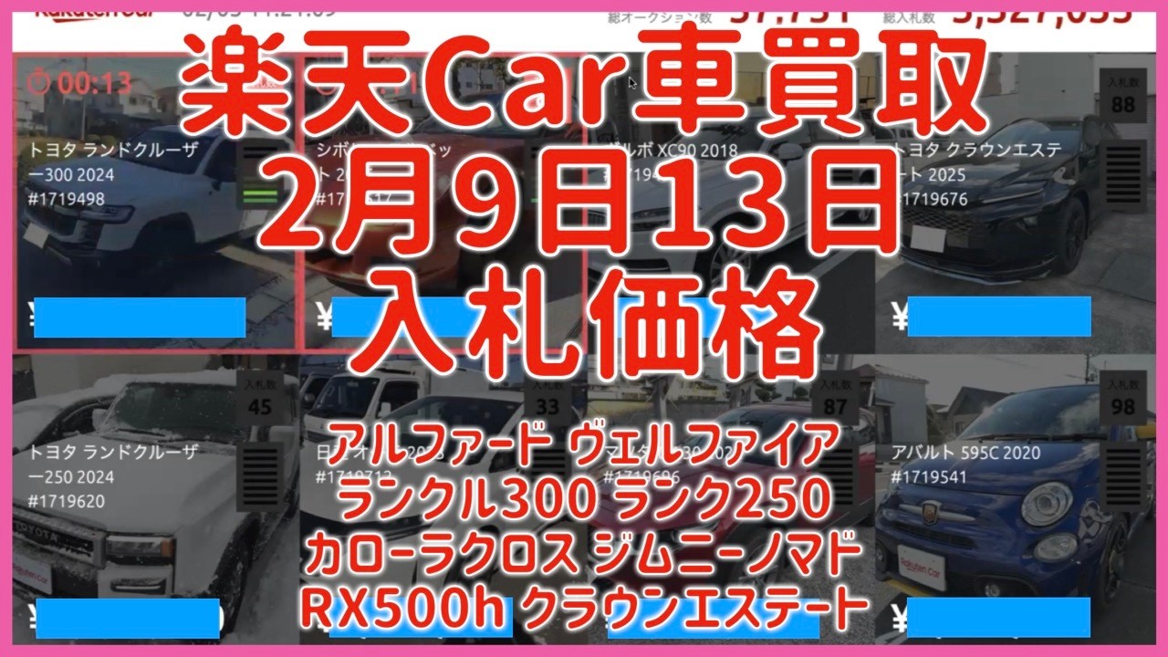 楽天Car車買取 2月3日6日 入札価格 アルファード ヴェルファイア ランクル300 ランク250 カローラクロス ジムニーノマド RX500h クラウンエステート