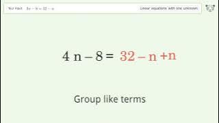 Solve 3n-8=32-n: Linear Equation Video Solution | Tiger Algebra