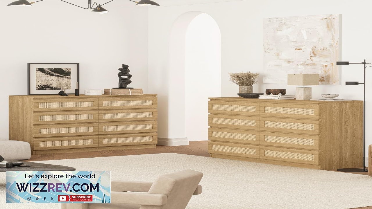 Garvee 8 Drawer Double Dresser Modern Rattan Chest Wooden Frame Ample
