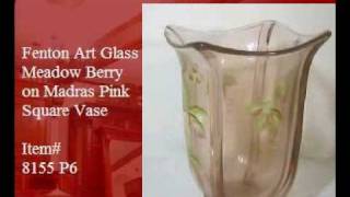 Fenton art Glass Meadow Berry On Pink Madras Square Vase 8155 P6