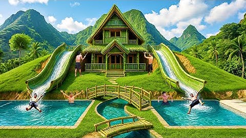 150 Days Building a Bamboo House with Double Water-Slide Jungle Swimming Pools Using Primitive Tools