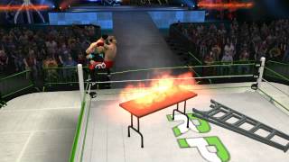 WWE '12 Superplex through a burning table
