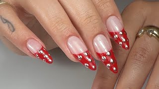 Red French isolated, silver, chrome, polkadot nail design
