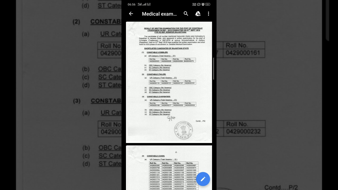 BSF TRADESMAN RESULT 2019