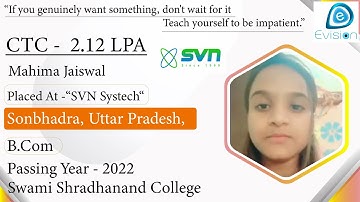 Congrats, Mahima | Selected in SVN Systech | 2.12 LPA | B.Com, Passing 2022 | Sonbhadra, U.P.